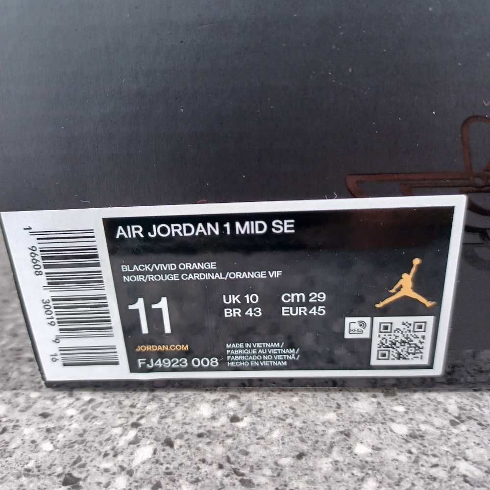 Nike Air Jordan 1 Mid Fat Tongue Black Vivid Orange - Men's Size 11 Shoes - Picture 10 of 12